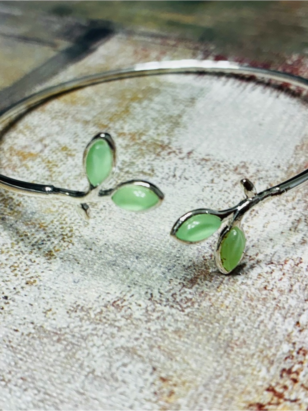 Delicate Silver-Tone Leaf Cuff Bracelet with Light Green leaf Accents
